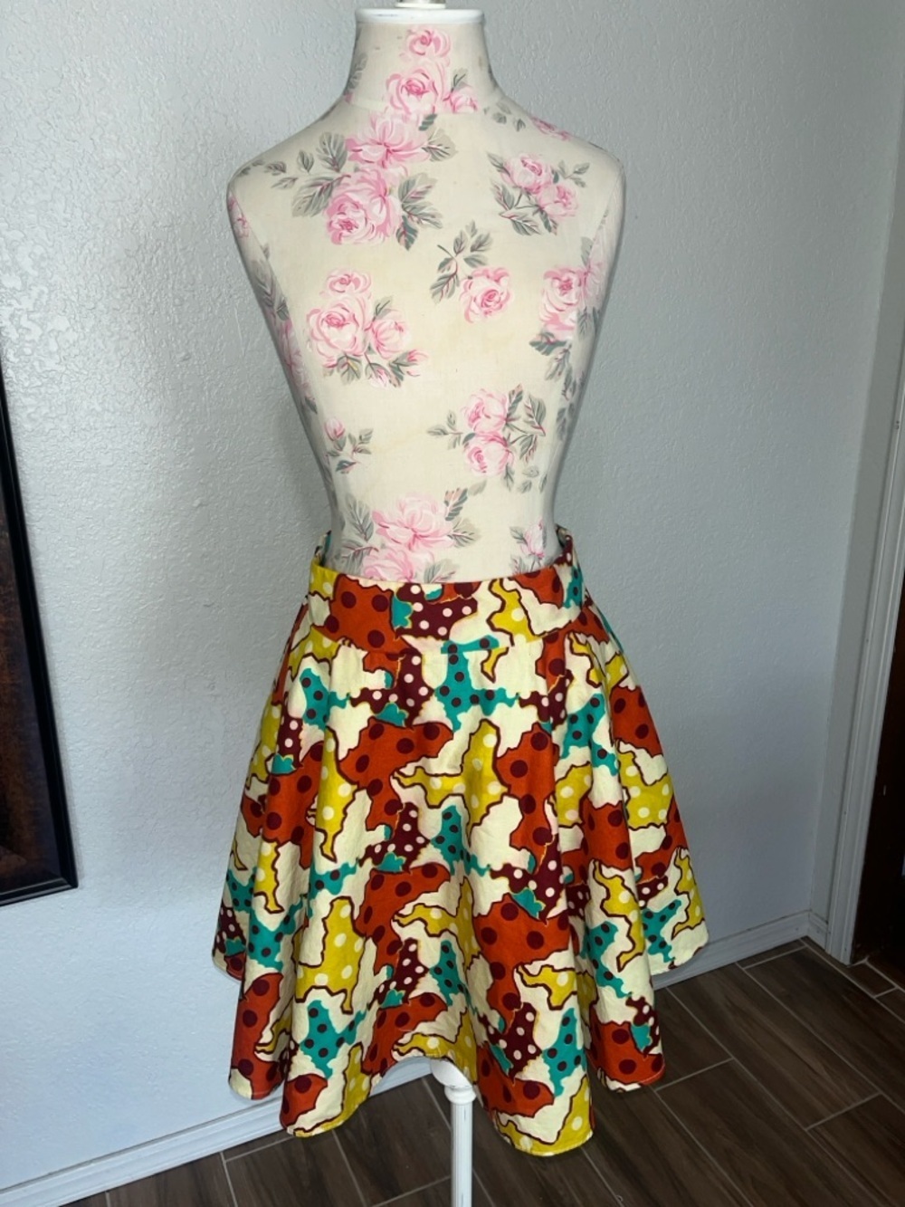 Patterned Mini Skirt in Brown, Yellow & Teal